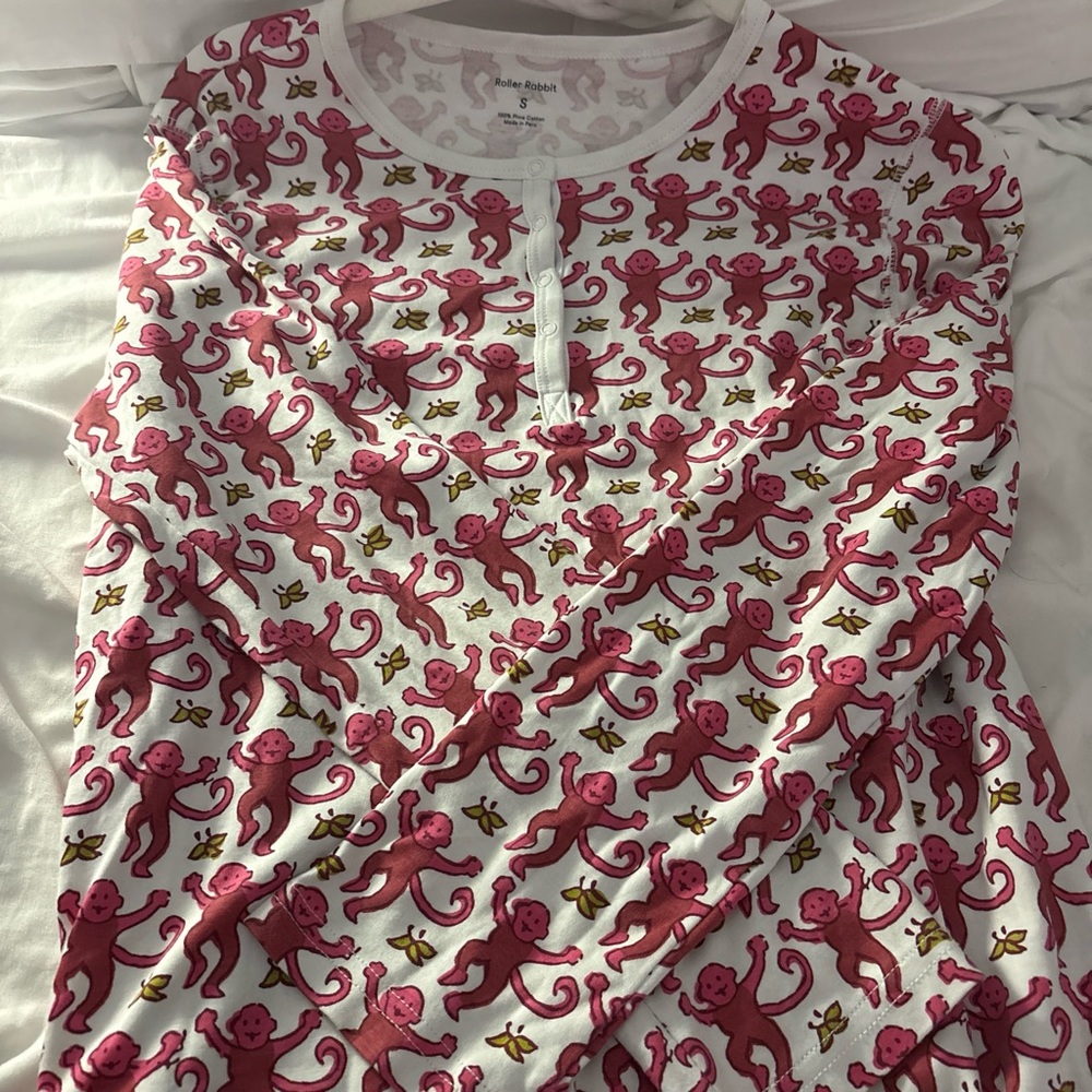 Roller Rabbit Pink and Gold Monkey Print Pajamas